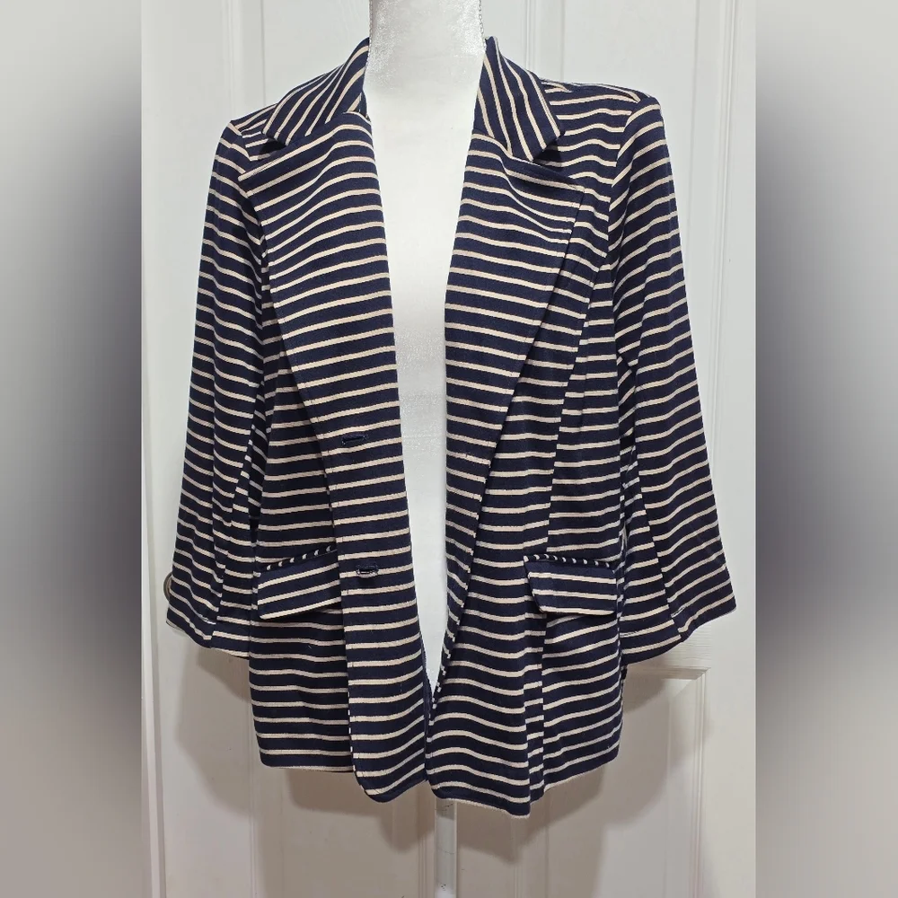 Joan Rivers Tan & Navy Blue Striped Ponte Knit Blazer Jacket - Picture 6 of 10